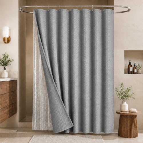 LaCyan Waterproof Waffle Shower Curtain, 258GSM Heavy Duty 3 Piece Set with Clear Liner and 12 Stainless Steel Hooks, Polyester Fabric Shower Curtains for Bathroom, Machine Washable, 72x72 Inch, Grey - color: Grey, size: 72"W x 72"L (Pack of 1)