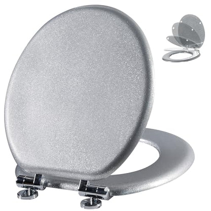 Angol Shiold Glitter Toilet Seat Molded Wood Round Toilet Seat with Quietly Close and Quick Release Hinges, Easy to Clean also Easy to Install (Round 16.5'', Silver) - color: Silver, size: Round 16.5‘’