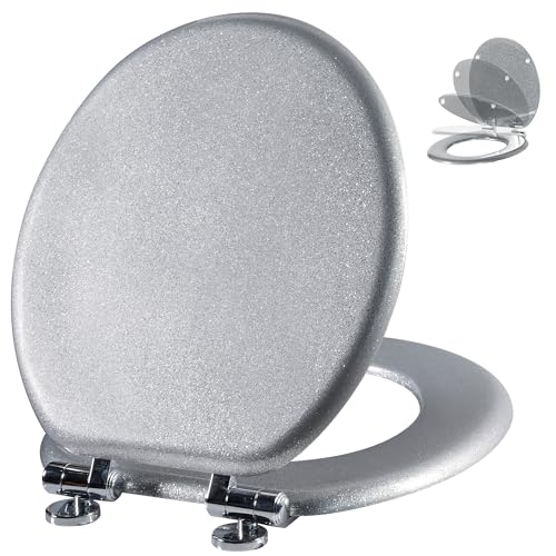 Angol Shiold Glitter Toilet Seat Molded Wood Round Toilet Seat with Quietly Close and Quick Release Hinges, Easy to Clean also Easy to Install (Round 16.5'', Silver) - color: Silver, size: Round 16.5‘’
