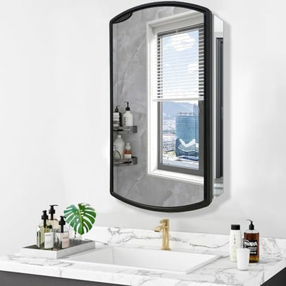 Arched 16" W x 26" H Aluminum Single-Door Bathroom Medicine Cabinet with Mirror, Recessed or Surface Mount Bathroom Wall Cabinet, Black Frame
