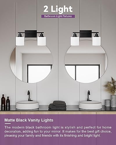 Modern Bathroom Lights - 2-Light Vanity Fixtures with Milky White Glass Shades, Anti-Rust Matte Black Finish, E26 Base - color: Black-2 Light