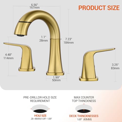 Gold Bathroom Faucet with Sprayer - Brushed Gold Faucets for Sink 3 Holes, Bathroom Pull Down Faucet, 2 Handles 8 Inch Widespread Vanity Faucet with Pull Out Sprayer & Pop-up Drain - color: Brushed Gold