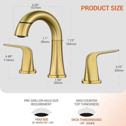 Gold Bathroom Faucet with Sprayer - Brushed Gold Faucets for Sink 3 Holes, Bathroom Pull Down Faucet, 2 Handles 8 Inch Widespread Vanity Faucet with Pull Out Sprayer & Pop-up Drain - color: Brushed Gold
