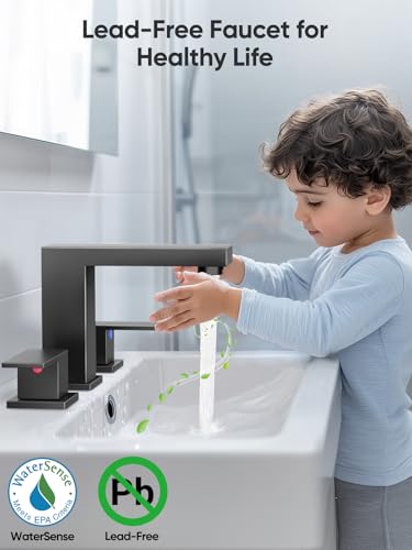 Cobbe Bathroom Faucet 3 Hole, Matte Black Bathroom Sink Faucet Widespread | Square 8 Inch with Pop-Up Drain, 2 Handle and 2 Supply Hoses, Lead-Free Stainless Steel, For Vanity, RV, Farmhouse - color: Black-2, size: 8 Inch Widespread