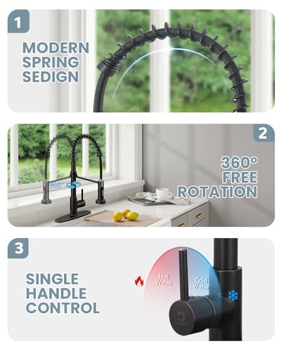 Oil Rubbed Bronze Single Handle Kitchen Faucet Set with Pull Down Sprayer and Soap Dispenser, 17-inch Tall - color: F-Oil Rubbed Bronze, style: Contemporary