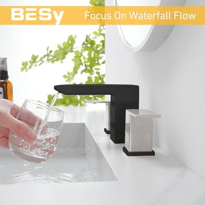 BESy Bathroom Faucet 3 Holes Two Handles Vanity Widespread 8 Inch Bathroom Sink Faucet, Waterfall Bathroom Sink Faucet with cUPC Supply Hoses, Pop Up Drain, Stainless Steel, Matte Black with Nickel - color: Matte Black with Nickel, size: 8 Inch Widespread