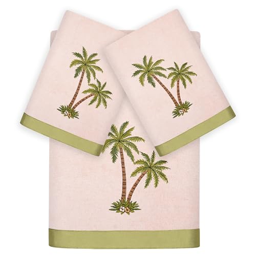 Flourish 3-Piece Towel Set, Embroidered Palm Tree Design, 100% Turkish Cotton, Super Absorbent & Luxurious, Tropical Bathroom Decor, 1 Bath 2 Hand Towels, Blush - color: Blush, size: 1 Pc Bath 2 Pcs Hand Towel