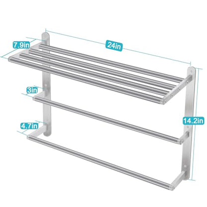 24 inch Towel Racks for Bathroom, VOTZAAQ Towel Shelf with Double Towel Bar, Stainless Steel Towel Storage for Lavatory Wall Mounted, 3-Tier Towel Hanger Towel Holder, Brushed Nickel - size: 24 Inch