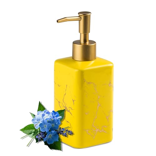 Gold Soap Dispenser for Bathroom Countertop, Square Yellow Dish Soap Dispenser Pump Bottle with Golden Stripes for Kitchen Sink Laundry Shower Lotion, Ceramic Hand Dispenser Pump for Soap Liquid - color: Yellow