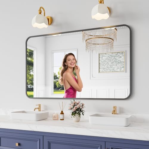 Koonmi Bathroom Mirror, 30X50 Brushed Black Rectangle Wall Mirror, HD Tempered Glass, Anti-Rust Frame Vanity Mirror, Rounded Rectangle Mirror for Restroom, Bedroom, Hangs Horizontal or Vertical - color: Rounded Edged, size: 50"L x 30"W