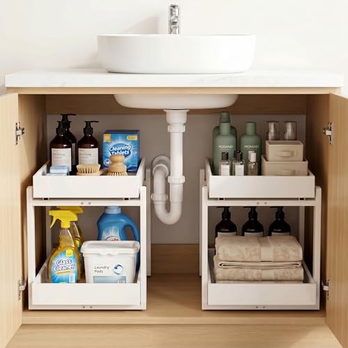 Bamboo Under Sink Storage 2 Tier Pull Out Cabinet Organizer Slide Out Under Sink Storage Shelf Undersink Organizers Shelves for Kitchen Bathroom Organization (White, 2 Pack) - color: White, size: 2 Pack