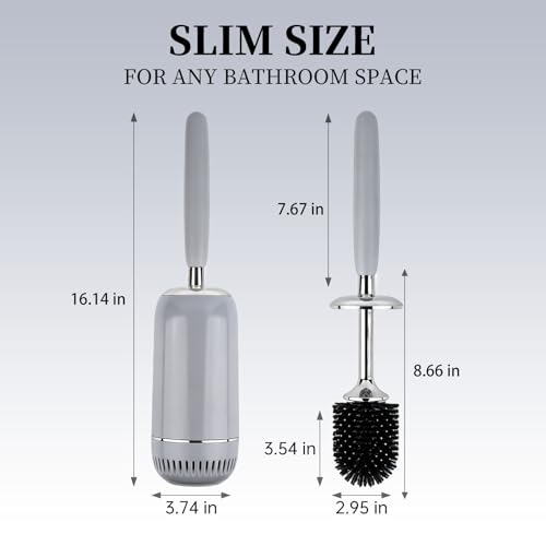 Toilet Brush and Holder Set, Toilet Bowl Brush with Long Handle, High-End Modern Silicone Toilet Brush Set, Non-Scratch Hygienic(Matte Grey + Silver, A),Father's Day - color: Matte Grey + Silver