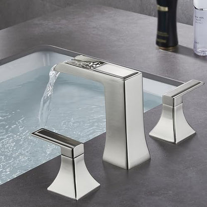 Brushed Nickel Bathroom Faucet, Sanliv Widespread Bathroom Faucet for 3-Hole Sinks 4-8 inch, 2-Handle Waterfall Vanity Faucets with Pop-Up Drain, Brushed Nickel - color: Brushed Nickel