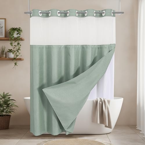 No Hooks Sage Boho Faux Linen Shower Curtain with Snap-in Liner Set, Textured Hotel Luxury Bathroom Curtain with See Through Top Window, Waterproof & Washable, 72x72 inches - color: Sage, size: 72"W x 72"L (Pack of 1), style: No Hooks
