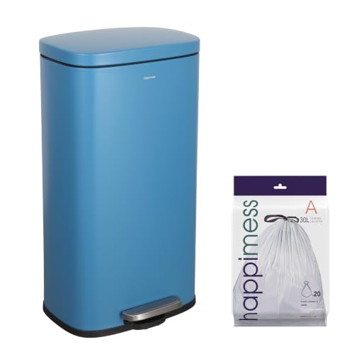 happimess Curtis 8 Gal Step Trash Can Soft Close 25", Bright Cobalt Blue | Iron Construction, Satin Finish, Removable Liner, Steel Pedal, 20 Trash Bags Included, Kitchen Office Bin - color: Bright Cobalt Blue