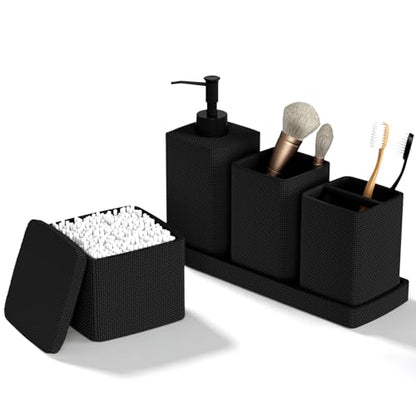 Matte Black Bathroom Accessories Set 5 Pieces, Resin Toothbrush Holders Set Complete with Soap Dispenser, Toothbrush Holder, Vanity Tray, Bathroom Tumbler and Qtip Holder for Small Spaces - size: 5 Pcs Bathroom Set, style: Black