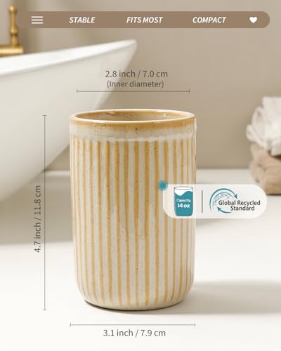 BosilunLife Ceramic Toothbrush Holder - 12oz Bathroom Toothbrush Holder Tooth Brush Holders Tumbler Cups Reusable Toothbrush Mouthwash Cup Small Toothbrush and Toothpaste Holder, Striped Greige - color: Greige-vsc, size: striped-cylinder
