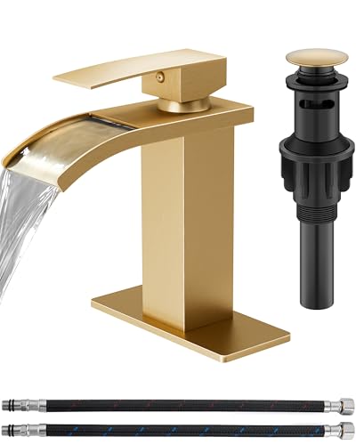 Gold Waterfall Bathroom Faucet 1-Handle Vanity Faucet | Stainless Steel Modern Bathroom Sink Faucet,Pop-Up Drain, Supply Lines 6-in Deck Plate, 1- or 3-Hole, NSF Certified - color: Gold