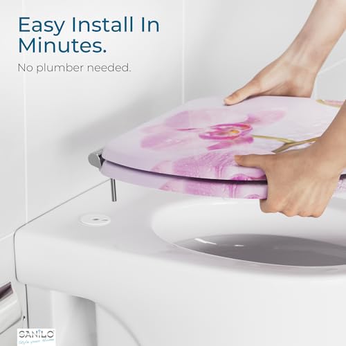 SANILO Wooden Toilet Seat with Soft Close [ROUND] - Decorative, Quiet & Slow Close Molded Wood Seat - With Strong Bumpers & Hinges - Adjustable Fit – Blooming - color: Blooming