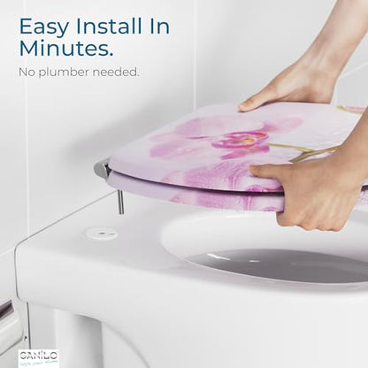 SANILO Wooden Toilet Seat with Soft Close [ROUND] - Decorative, Quiet & Slow Close Molded Wood Seat - With Strong Bumpers & Hinges - Adjustable Fit – Blooming - color: Blooming