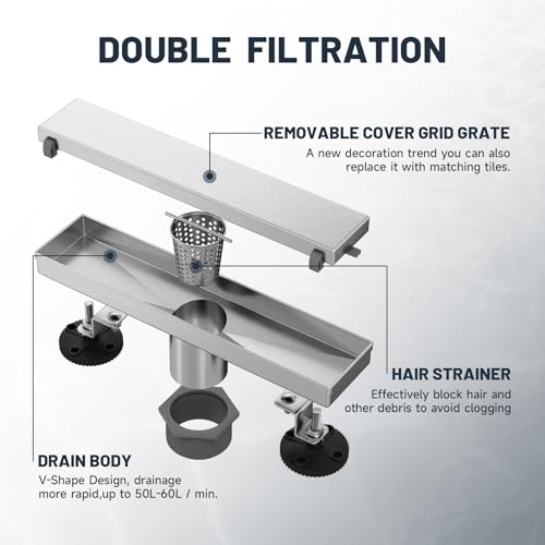 Linear Shower Drain 12 Inch Shower Trench Drain with Tile Insert Grate | Evolvegoods 304 Stainless Steel Bathroom Floor Drain,Rectangular Shower Drain with Leveling Feet,Hair Strainer,Brushed Nickel - size: 12 Inches