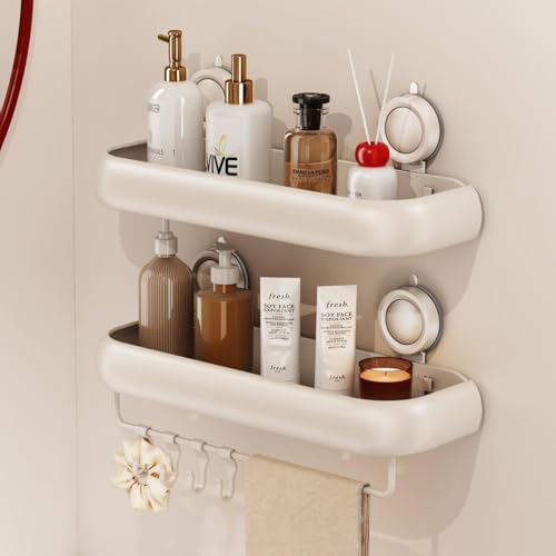 CICUFY Shower Caddy Suction Cup, 2 Pack No Drilling Corner Shower Shelves, Rust Proof Bathroom Storage Organizer, Shower Corner Caddy with Removable Hooks and Towel Bar, Square, Cream - style: Square Cream (2 Pack )
