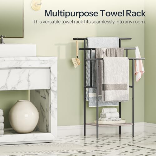 HOOBRO 39.4" Tall Freestanding Towel Rack for Bathroom, 3 Tier Stepped Blanket Rack with Shelf, Oversized Bath Towels Drying and Display Rack, Black and Rustic Brown BG50LB01 - color: Greige + Black