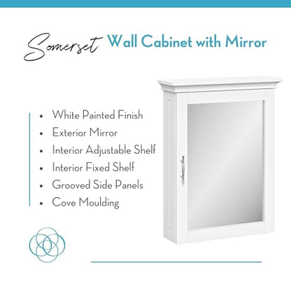 RiverRidge Somerset Bathroom Wall Mount Medicine Cabinet with Mirror, White | Bath Storage Cabinet with Adjustable Interior Shelf and Soft Close Hinges, Two-Tone Handles and Coved Top Detailing