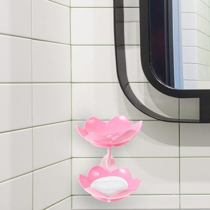 TOYANDONA Double Layer Lotus Soap Dish with Drain Pink Plastic Soap Holder Storage Rack for Bathroom Wall Mount No Drilling Suction Cup