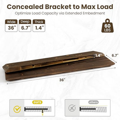 Acovy 36in Solid Spruce Wood Floating Shelves with Beveled Bottom Edges, Wooden Floating Shelf with Heavy-Duty Bracket for Living Room Bathroom Bedroom Kitchen, Rustic Brown, Set of 2 - color: Rustic Brown, size: 36"-2 Packs