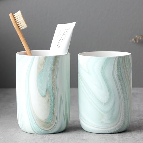 Green Marble Toothbrush Holders - Ceramic Toothbrush Holders for Bathrooms, Toothbrush Toothpaste Holders, Marble Bathroom Tumbler Cups Reusable Toothbrush Mouthwash Cup, Bathroom Counter Organizer - color: Green Marble, size: 2pcs