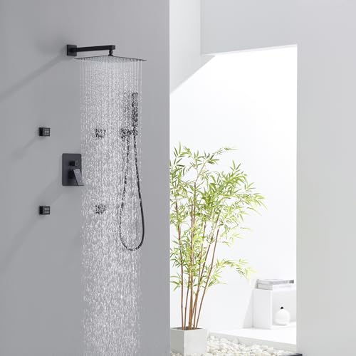 Iriber Mattle Black Square Rain Shower System with 4 PCS Body Jets 3 Function Shower Faucet Set Contain 12 Inch Shower Head and Handheld Wall Mounted Pressure Balance Shower Trim Kit (Valve Included) - color: Matte Black 03