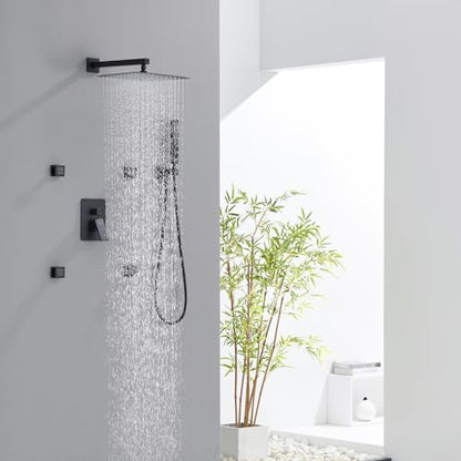 Iriber Mattle Black Square Rain Shower System with 4 PCS Body Jets 3 Function Shower Faucet Set Contain 12 Inch Shower Head and Handheld Wall Mounted Pressure Balance Shower Trim Kit (Valve Included) - color: Matte Black 03