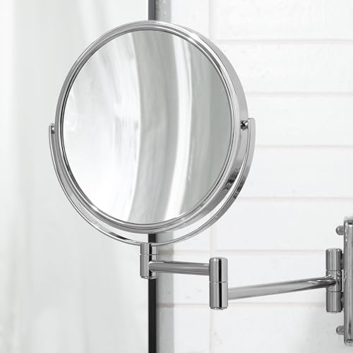 JERDON Wall-Mounted Makeup Mirror - 5X Magnification - Chrome - JP7506CF | 8" Round Frame, 13.5" Wall Extension Arm - color: Chrome, size: 5X Magnification