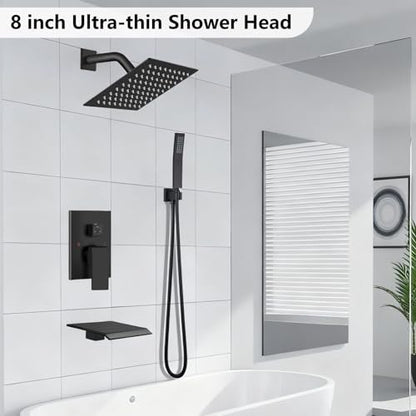 Midanya Shower System with Tub Spout,Bathtub Shower Faucet Set with Square Rainfall Head and Handheld Sprayer Wall Mount Tub Faucet Set with Valve and Trim Kit,8 Inch Matte Black - color: Matte Black, size: 8 Inch
