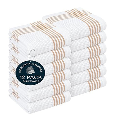 Brown and White Cotton Kitchen Towels 12 Pack, Waffle Weave, 16x26 Inch, Super Absorbent, Reversible, Quick Dry Dishcloths for Drying Dishes, Cleaning, Reusable, Everyday Use - color: Brown, White, style: 12 Pack