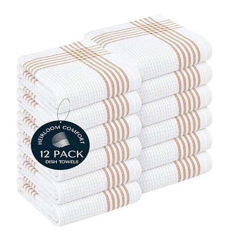 Brown and White Cotton Kitchen Towels 12 Pack, Waffle Weave, 16x26 Inch, Super Absorbent, Reversible, Quick Dry Dishcloths for Drying Dishes, Cleaning, Reusable, Everyday Use - color: Brown, White, style: 12 Pack