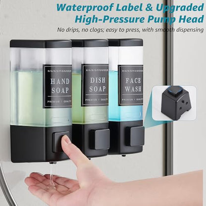 Shampoo and Conditioner Dispenser for Shower, 3 Chamber, Black | Wall Mounted, No Drill, 3×16.9oz, ABS Plastic Material, Refillable With Labels, For Bathroom Hotel - color: Dm35-black