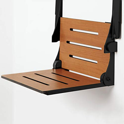 Seachrome Silhouette Comfort Folding Wall Mount Shower Bench Seat with Arms, Teak Seat with Matte Black Frame - color: Teak Seat With Matte Black Frame and Black Arm Pads