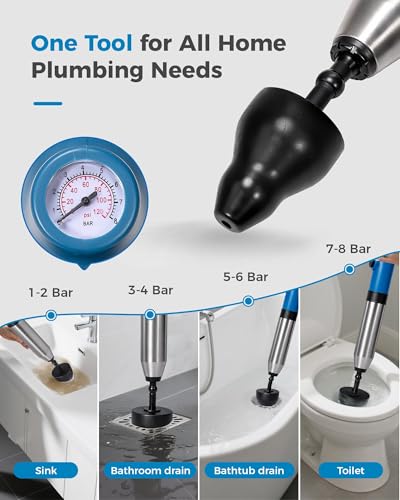 BOTEMY High Pressure Toilet Plunger & Drain Auger with Real-Time Gauge, Heavy-Duty Air Unclogger for Toilets, Sinks & Drains