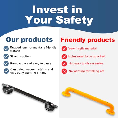 21-Inch Shower Handle - Upgraded Grab Bar with Strong Suction Cups for Bathtub & Shower Safety, Ideal for Seniors, Elderly, Disabled - Black