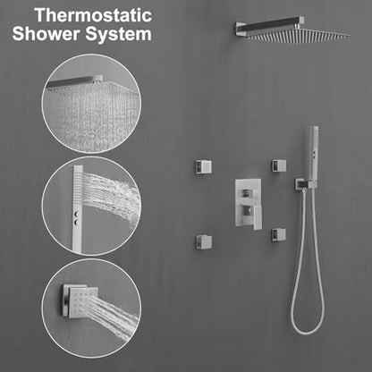 RUMOSE Rainfall Shower System with 4 Full Body Jet 4 Mode Shower Faucet Set | 12 Inch Rain Shower Head, 2 in 1 Handheld Spray, Brushed Nickel Brass Shower Jet Shower Fixtures, Wall Mounted - color: Brushed Nickel