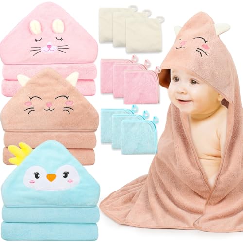 12 PCS Hooded Baby Towels, Soft Baby Towels, Absorbent Baby Bath Towels, 3 PCS Baby Towels, and 9 PCS Baby Washcloths for Newborns, Toddlers, and Kids, 32x32 in Baby Towels with Hood for Boy and Girl - color: Pink Rabbit, Pink Cat, Blue Chicken