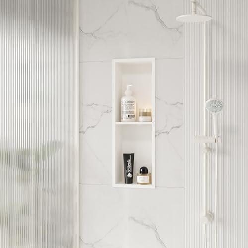 Qeke 8" x 24" Stainless Steel Shower Niche w/Double Shelves, Matte White | No tile Needed Wall Niche, Recessed Niche for Bathroom Storage, Space Saving, Over Mount Installation - color: Matte White, size: 8X24"