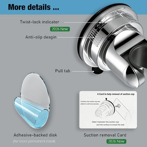 Handheld Shower Head Holder Suction Cup - Relocatable - Wide Angles Adjustable - 90° Downward - Bathroom Wall Mount Shower Wand Holder (Polished Chrome) - color: Polished Chrome