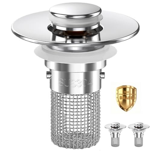 Bathroom Sink Drain Strainer,Pop Up Sink Stopper with Removable Stainless Steel Hair Catcher Basket, Anti-Clog Bathroom Sink Drain Plug for 1.1-2.36 Inch Drain Holes (Sliver 2Pcs) - color: Sliver-2pcs