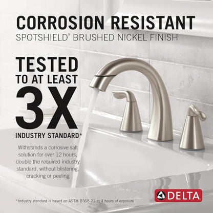 Delta Arvo Brushed Nickel Bathroom Faucet with Sprayer, 8 Inch 3 Hole Widespread Bathroom Sink Faucet with Pull Out Sprayer, Push-Pop Drain, SpotShield Stainless 35840LF-SPPD - color: SpotShield Brushed Nickel