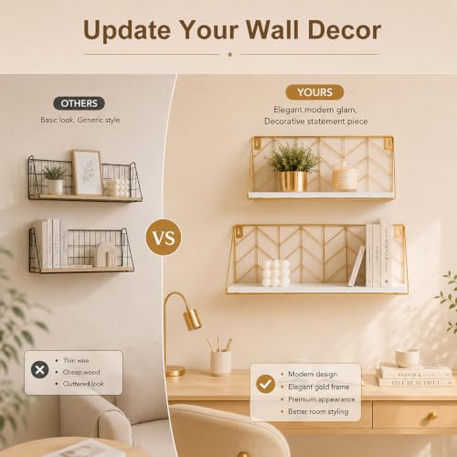 ZGZD White and Gold Floating Shelves Set of 2, Modern Geometric Wall Shelf for Bathroom, Bedroom,Kitchen, Office，Living Room Decor