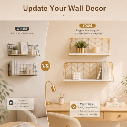 ZGZD White and Gold Floating Shelves Set of 2, Modern Geometric Wall Shelf for Bathroom, Bedroom,Kitchen, Office，Living Room Decor