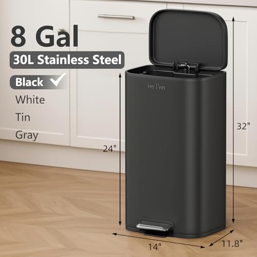 mVm 8 Gal Kitchen Trash Can, Step Trash Can with Lid, Smooth Edge Garbage Bin for Home Office (Black) - color: Black, size: 8Gal